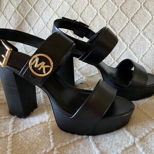 Michael Kors Black Platform Sandals with Gold MK Medallion